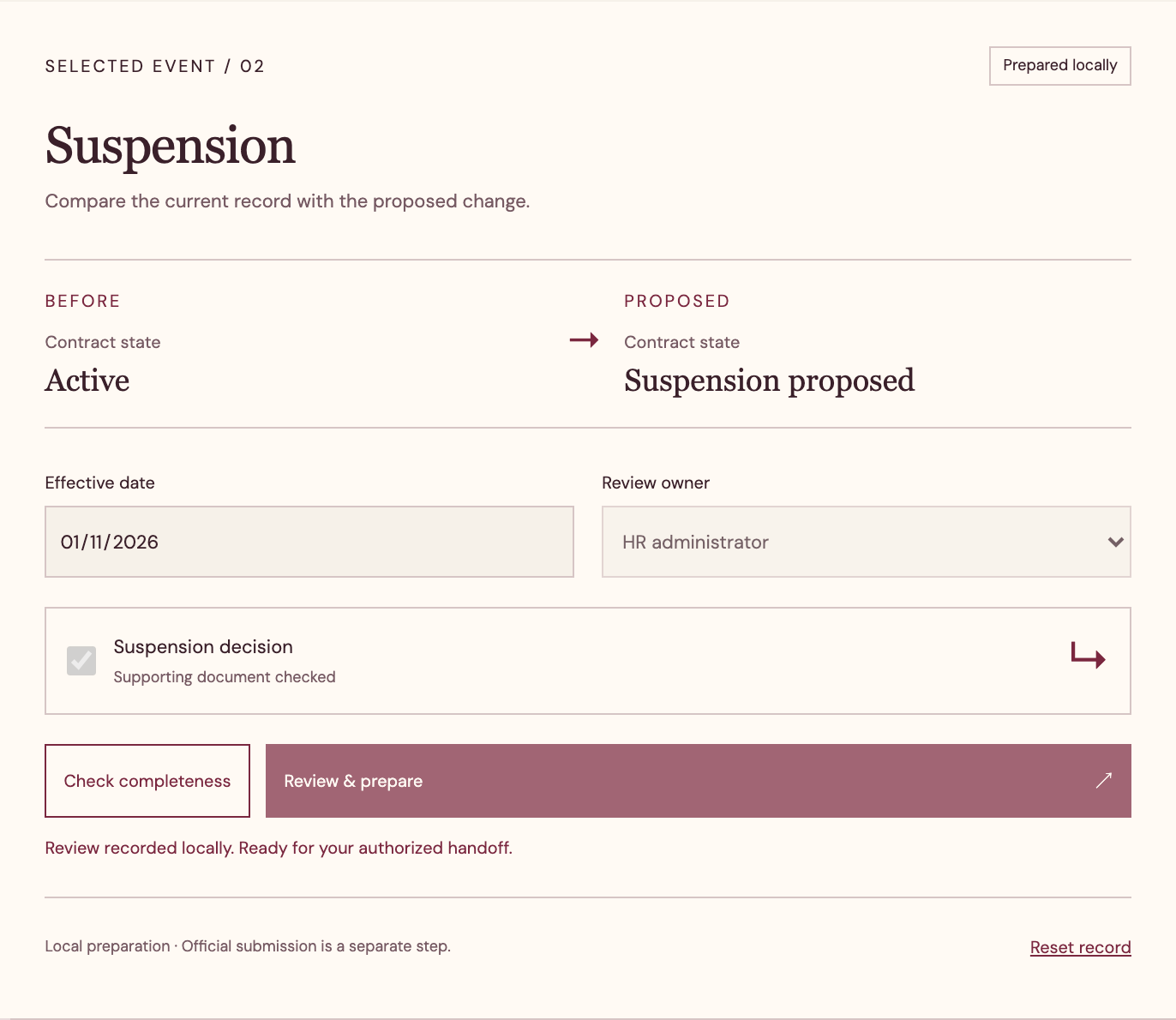 REGES suspension record with active and proposed suspended states, review owner, effective date and local preparation result.