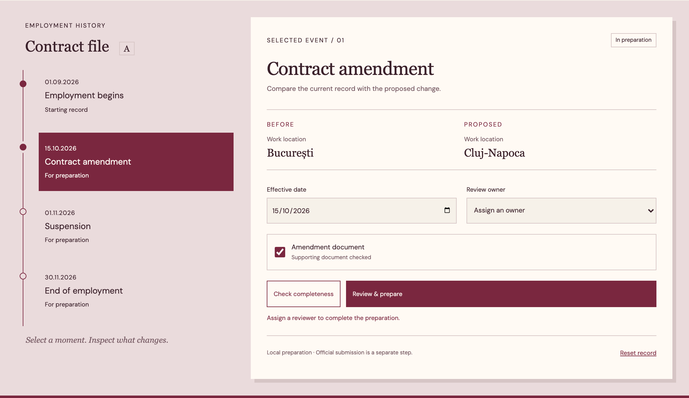 Contract amendment record with before-and-after values and review fields.